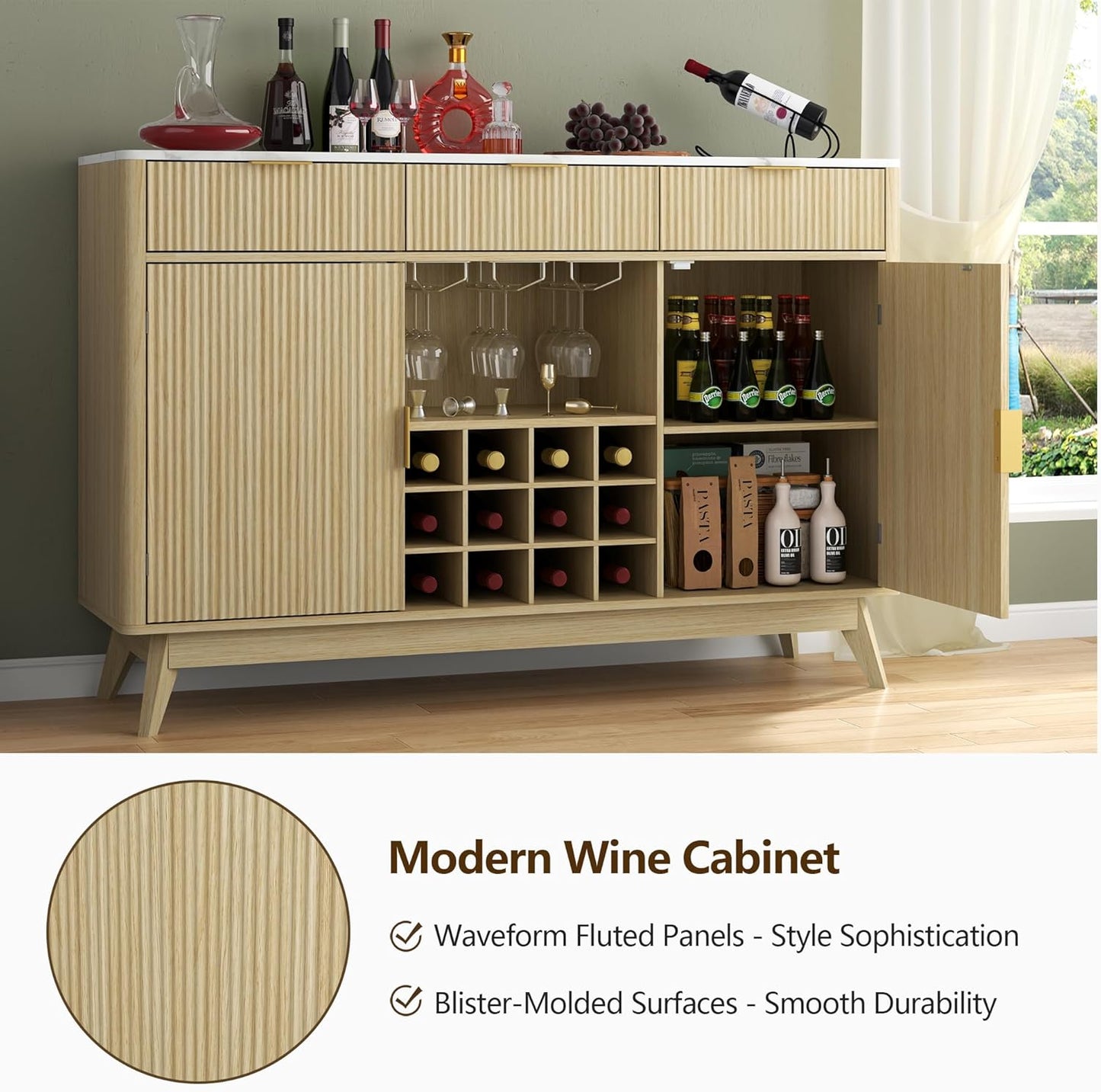 Wine Bar Cabinet with 3 Drawers，Home Liquor Cabinets with Wine and Glasss Rack, Fluted Coffee Bar Cabinet with Adjustable Shelves, Buffet Sideboard for Kitchen,Living Room, Dining Room, Entryway