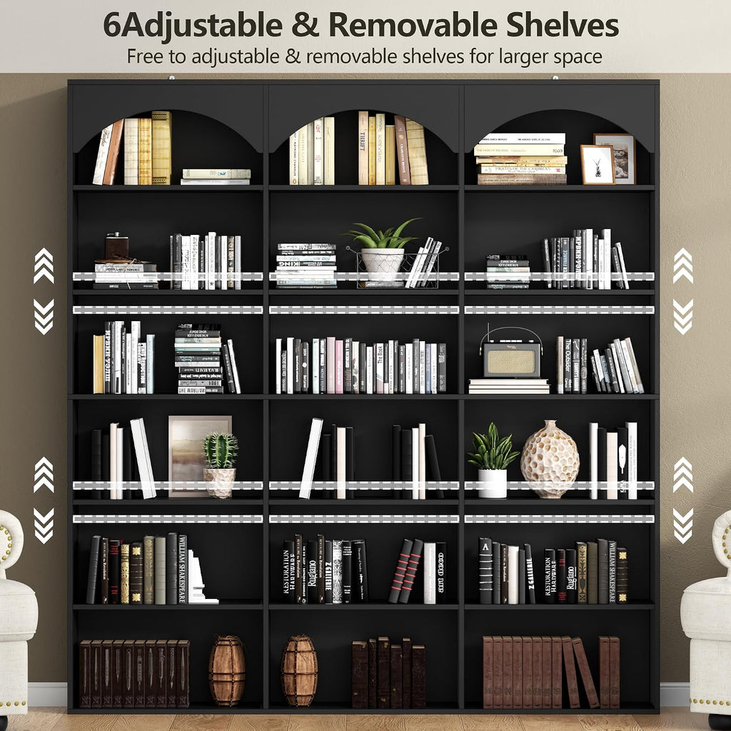 Gyfimoie 71’’ Triple Wide Bookshelf and Bookcase, 7-Tier Tall Arched Bookcase Modern Large Open Display Shelves with Curved Baffle for Home Office Living Room (Black, 71‘’H x 59''W x 9.25''D)