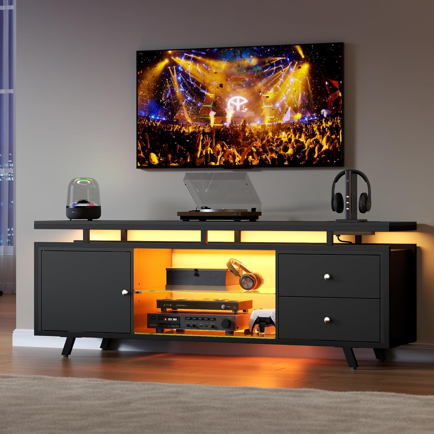 TV Stand for 65 Inch TV, LED Light Entertainment Center with Power Outlet and Storage Drawers & Cabinets, Modern Wood Media TV Console with Glass Shelves for Living Room Bedroom (Black)