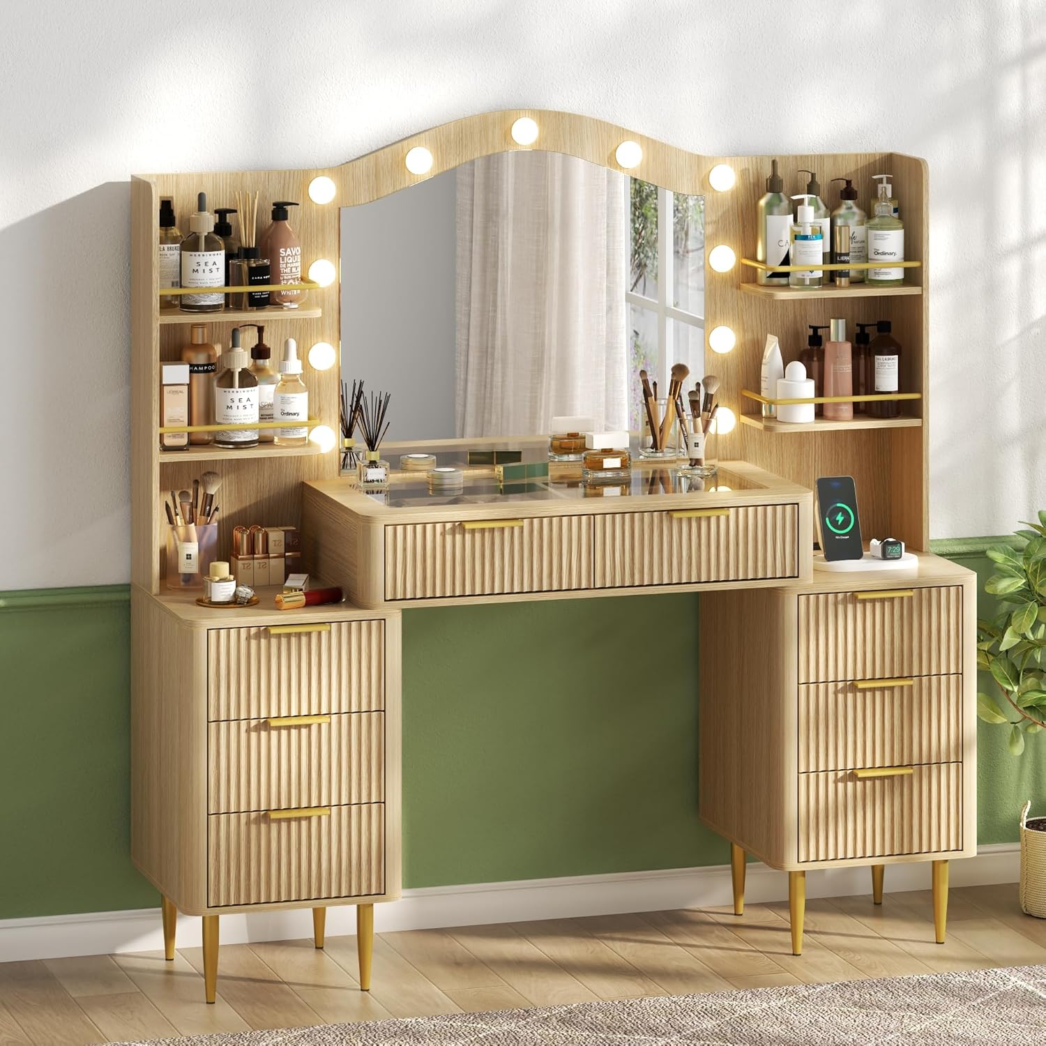 55" Big Fluted Vanity Desk with Mirror and Lights,Makeup Vanity with 8 Storage Drawers and 4 Storage Shelves,Glass Top & Power Outlet,3 Lighting Modes,Dressing Table for Women Girls Bedroom,Oak