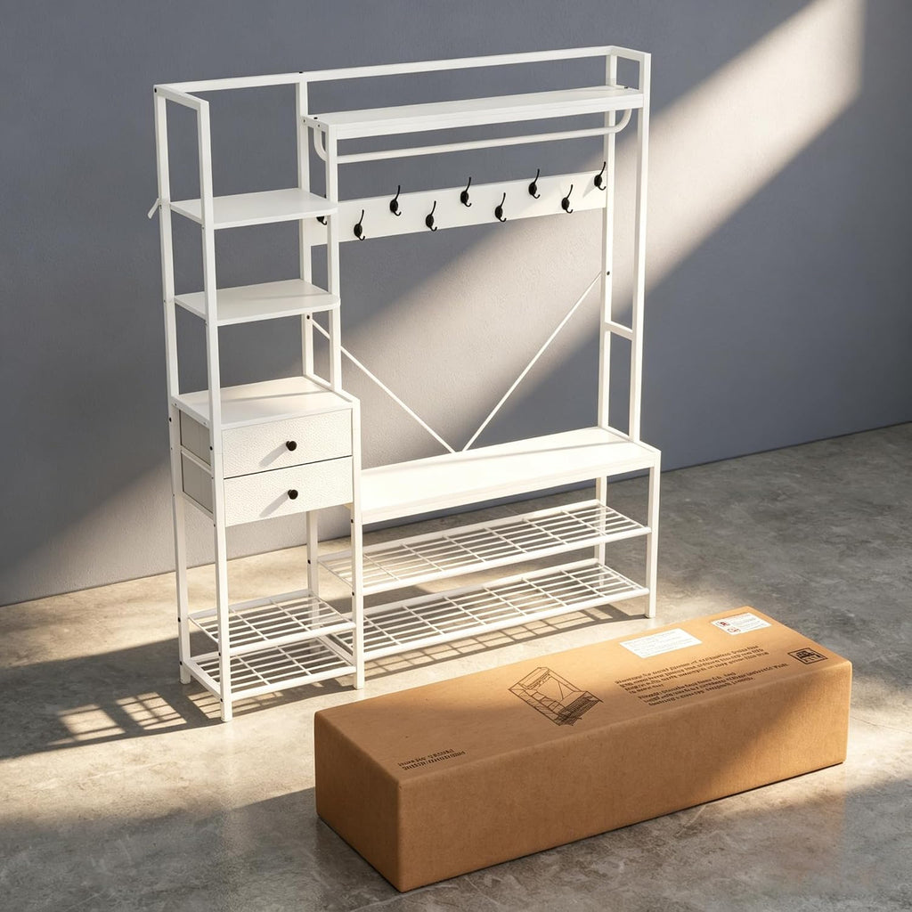 White Hall Tree with Bench and Shoe Storage, 55" Wide Entryway Coat Rack