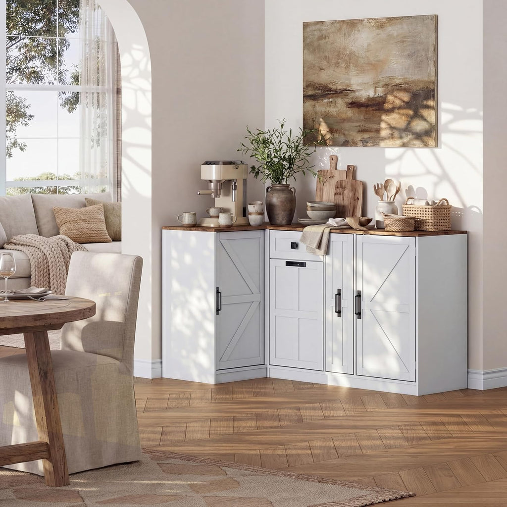 Corner Cabinet with Countertop, Kitchen Pantry Cabinet with Hidden Trash Storage Cabinet & 3-Tier Spice Rack, Farmhouse L-Shaped Sideboard with Doors & Adjustable Shelf for Dining Room, White