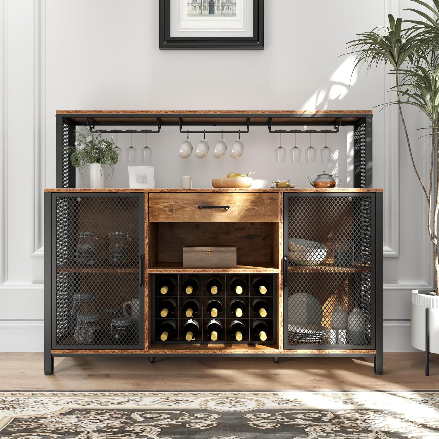 Wine Bar Cabinet with Drawer and LED Lights, 55 Inches Industry Coffee Bar Cabinet with Wine Rack and Glass Goblet Holder, Kitchen Sideboard Buffet Cabinet for Liquor and Goblet
