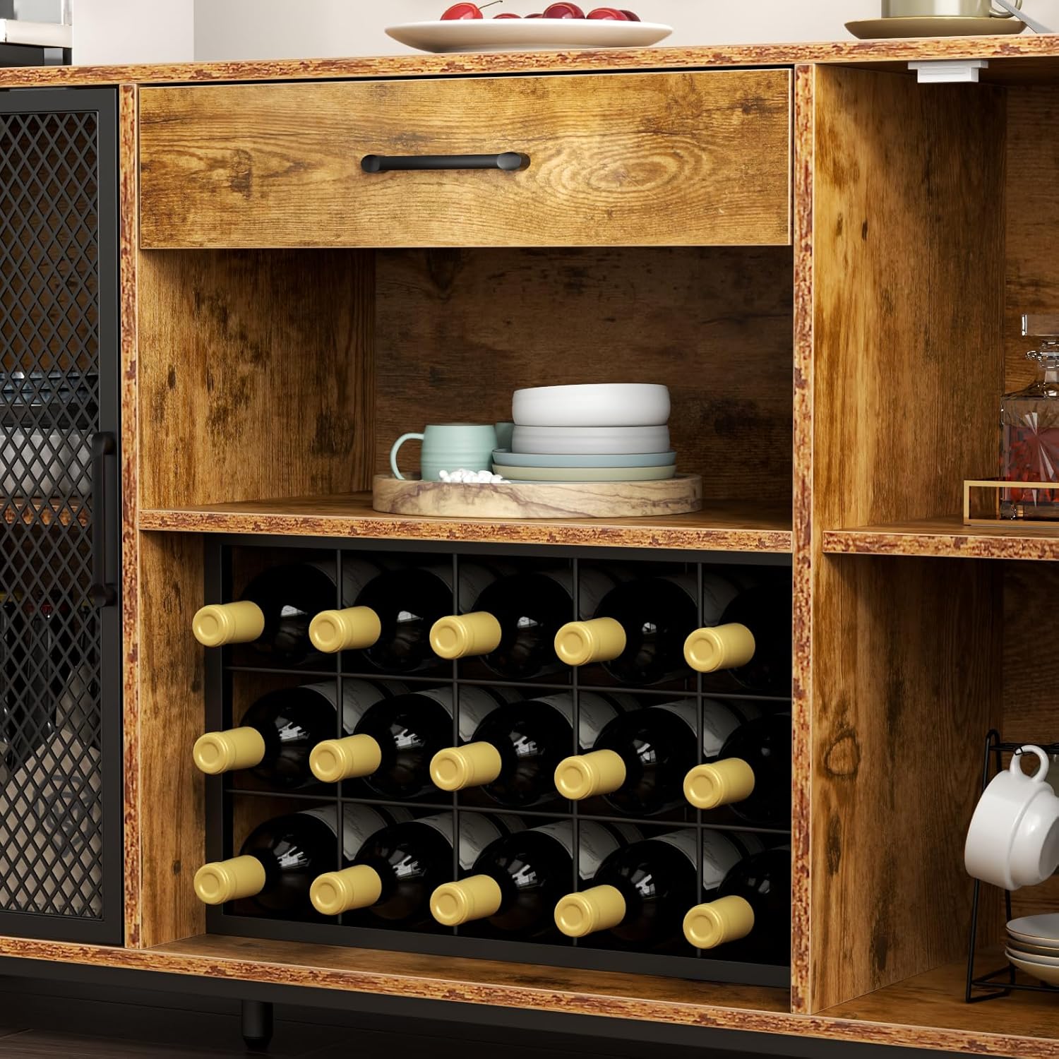 Wine Bar Cabinet with Drawer and LED Lights, 55 Inches Industry Coffee Bar Cabinet with Wine Rack and Glass Goblet Holder, Kitchen Sideboard Buffet Cabinet for Liquor and Goblet