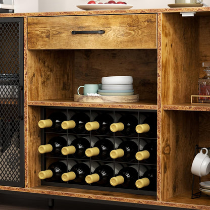 Wine Bar Cabinet with Drawer and LED Lights, 55 Inches Industry Coffee Bar Cabinet with Wine Rack and Glass Goblet Holder, Kitchen Sideboard Buffet Cabinet for Liquor and Goblet