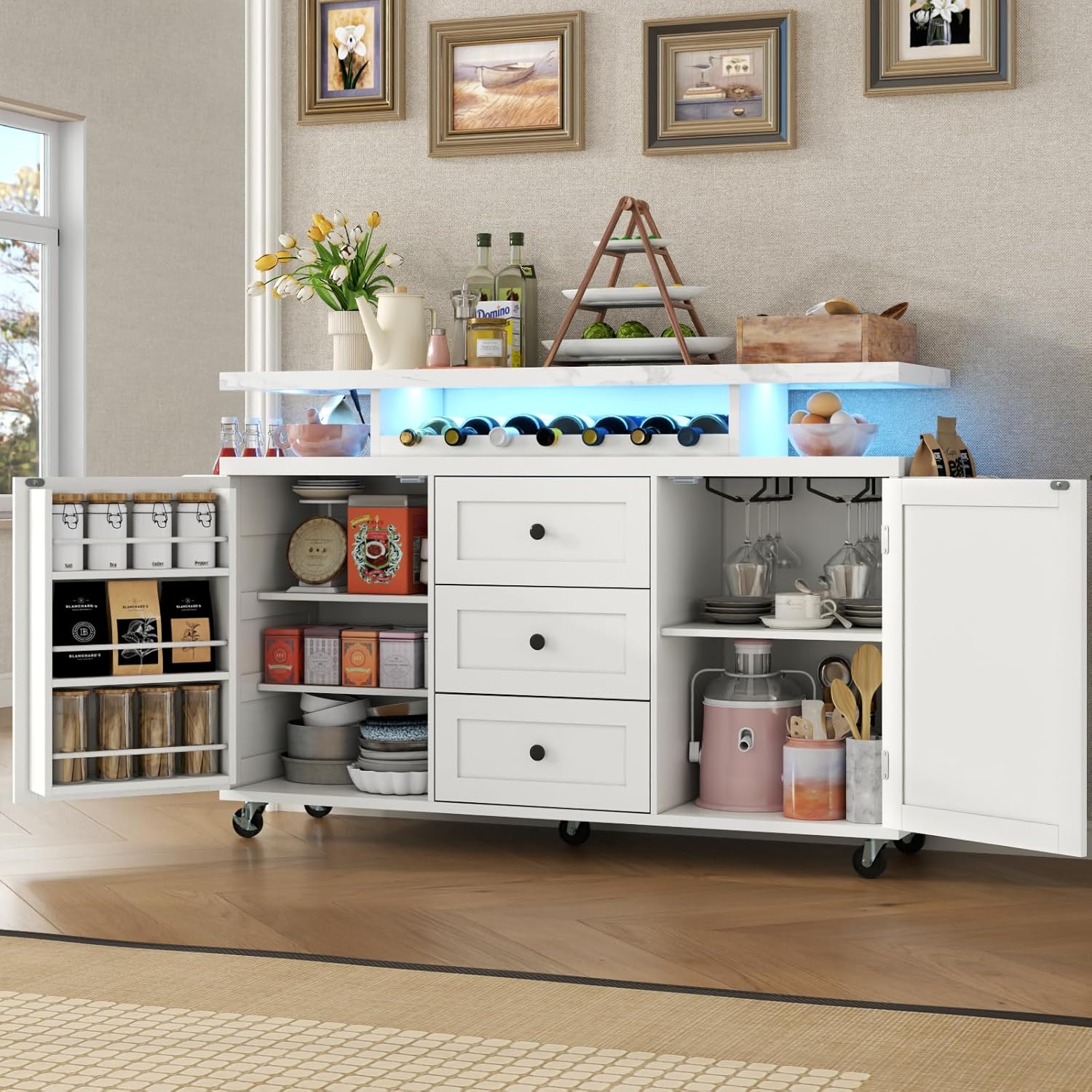 Kitchen Island with Storage, 55" Kitchen Island on Wheels with LED Lights & 3 Drawers,Rolling Kitchen Cart with Spice Rack & Towel Rack, Large Mobile Islands Table for Kitchen, White