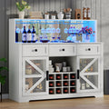 Wine Bar Cabinet with LED Lights, Farmhouse Coffe Bar with Mirror, 3 Drawers & Wine Rack, Kitchen Buffet Sideboard with Storage & Glass Holder, Liquor Cabinet Hutch (53.66" Tall)