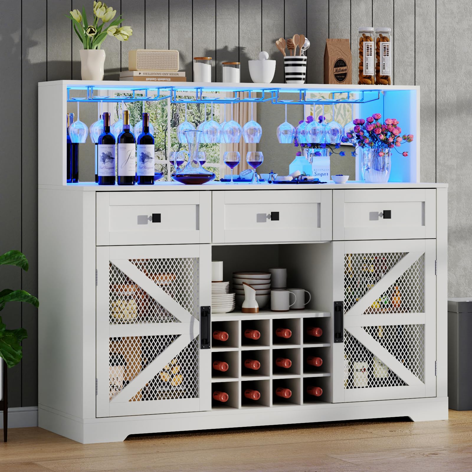 Wine Bar Cabinet with LED Lights, Farmhouse Coffe Bar with Mirror, 3 Drawers & Wine Rack, Kitchen Buffet Sideboard with Storage & Glass Holder, Liquor Cabinet Hutch (53.66" Tall)