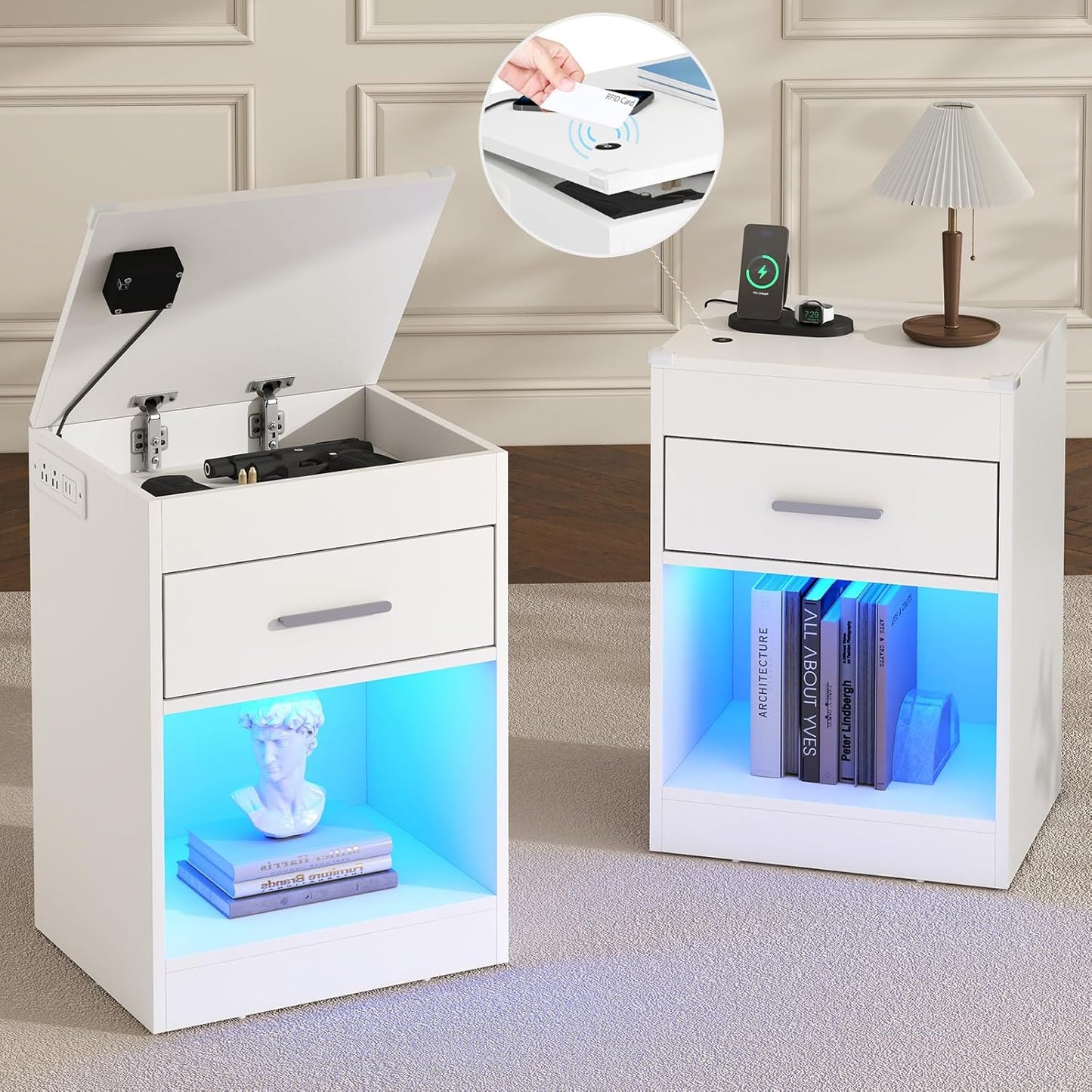 White Nightstand Set of 2 with Charging Station & RFID Lock Cabinet, Hidden Night Stand with LED Lights, Modern Bedside Table with Drawer & Valuables Storage, Secret Concealment Nightstand for Bedroom