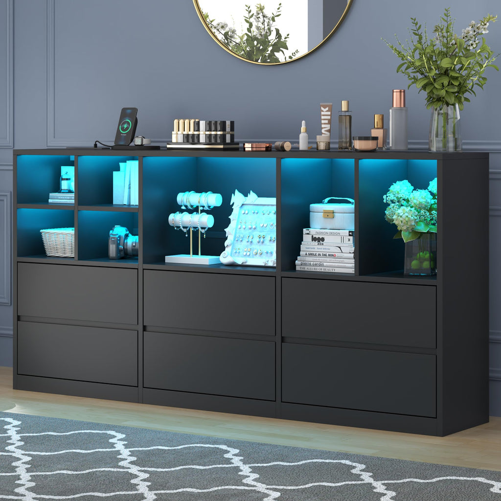 6 Drawers Dresser with 7 Storage Cubbies, LED Chest of Drawers with Power Outlet, 63" Triple Wide Long Dresser Organizer for Bedroom, Modern TV Stand with Open Shelf for Living Room, Entryway (White)