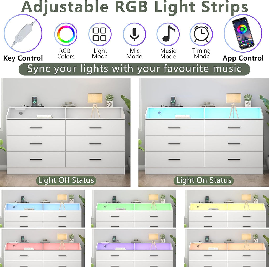 White Dresser for Bedroom, 6 Drawer Dresser with Charging Station, Chests of Drawers with LED Lights, Modern Double Dresser, Storage Cabinet with Drawers for Living Room, Hallway