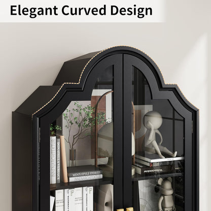 71" Tall Arched Cabinets, Bookcase with Storage, Mid-Century Modern 4-Tier Bookshelf with Glass Door, Display Cabinet with Large Drawer & Adjustable Shelf, Curved Pantry Cabinet, Black (Black)