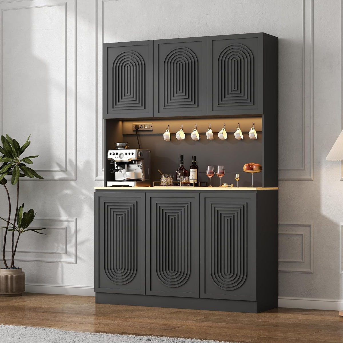 71" Black Kitchen Pantry with Power Outlet, Kitchen Hutch with LED Light