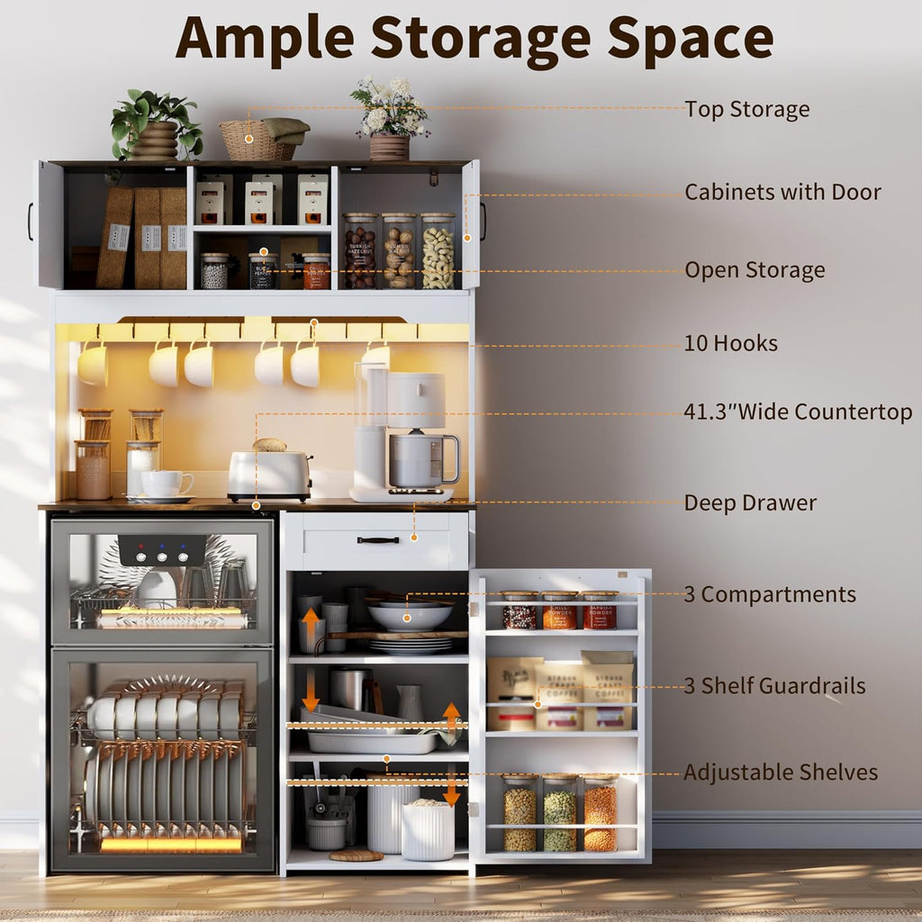 73'' Tall White Coffee Bar Cabinet with Fridge Space & Power Outlet & Led