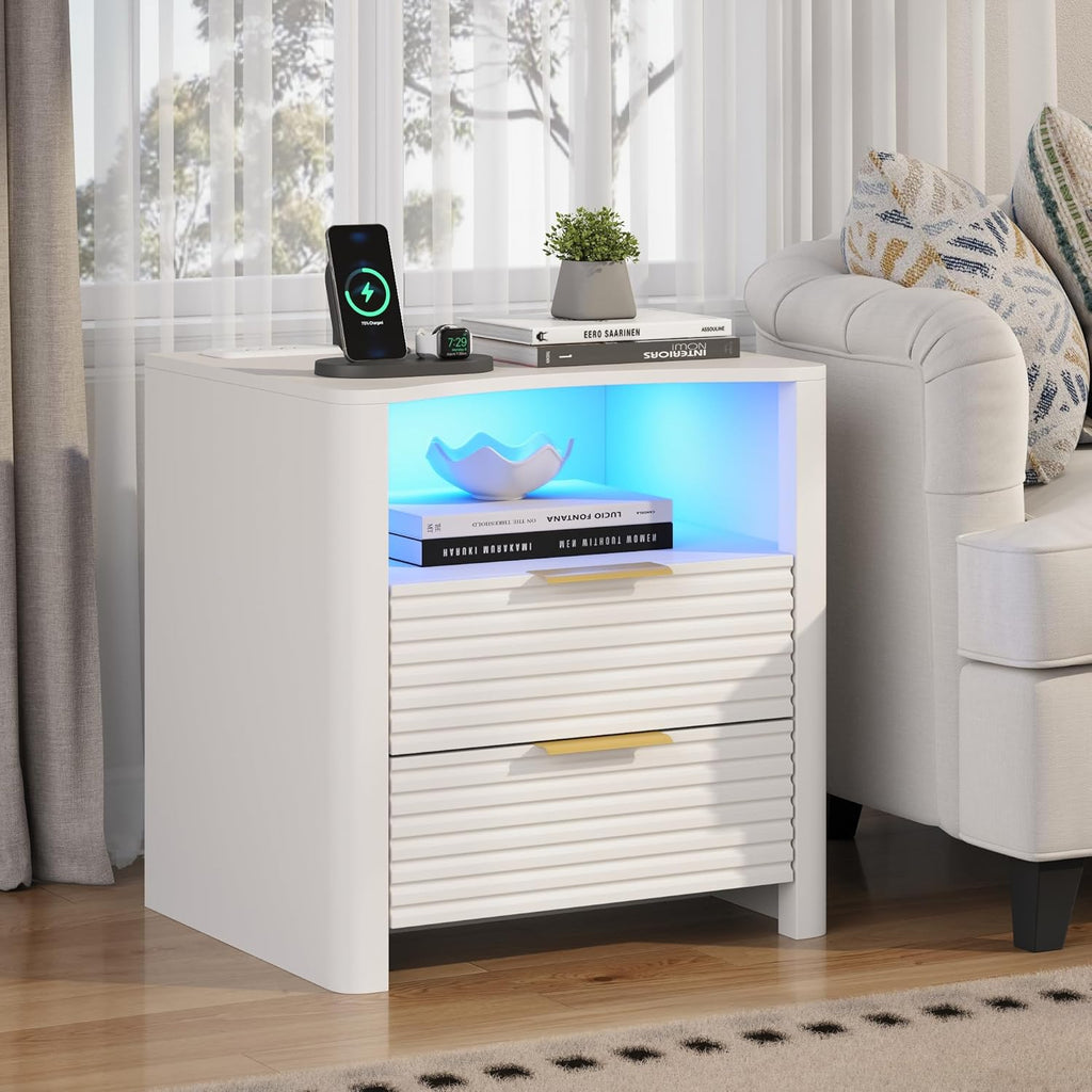 Fluted Night Stand with Charging Station, White Nightstand with LED Lights, Modern Bedside Table with 2 Large Drawers, End Table with Open Storage Shelf, Night Stands for Bedroom, Living Room