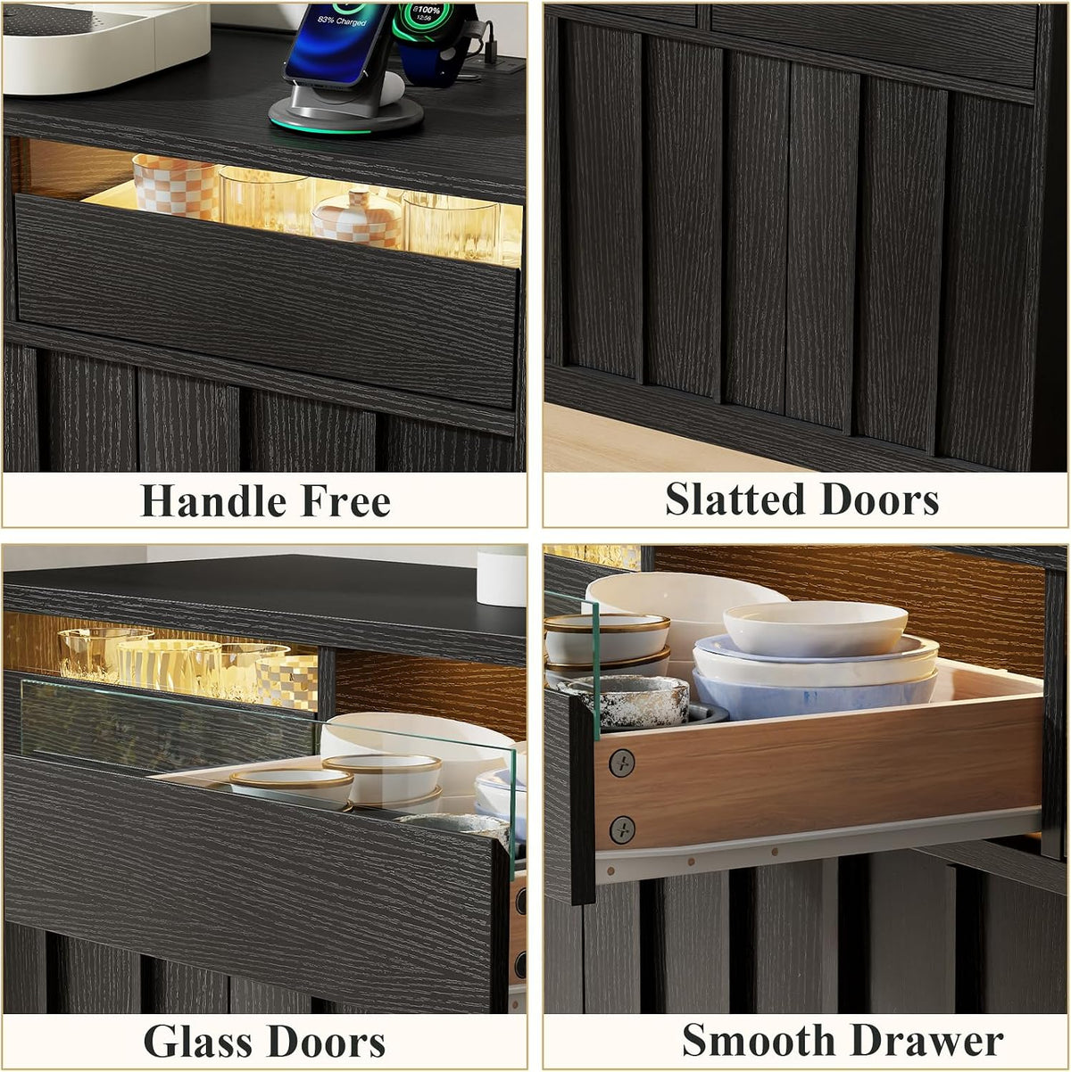 55'' Modern Buffet Cabinet with Outlet & Led, Black Sideboard with Drawer