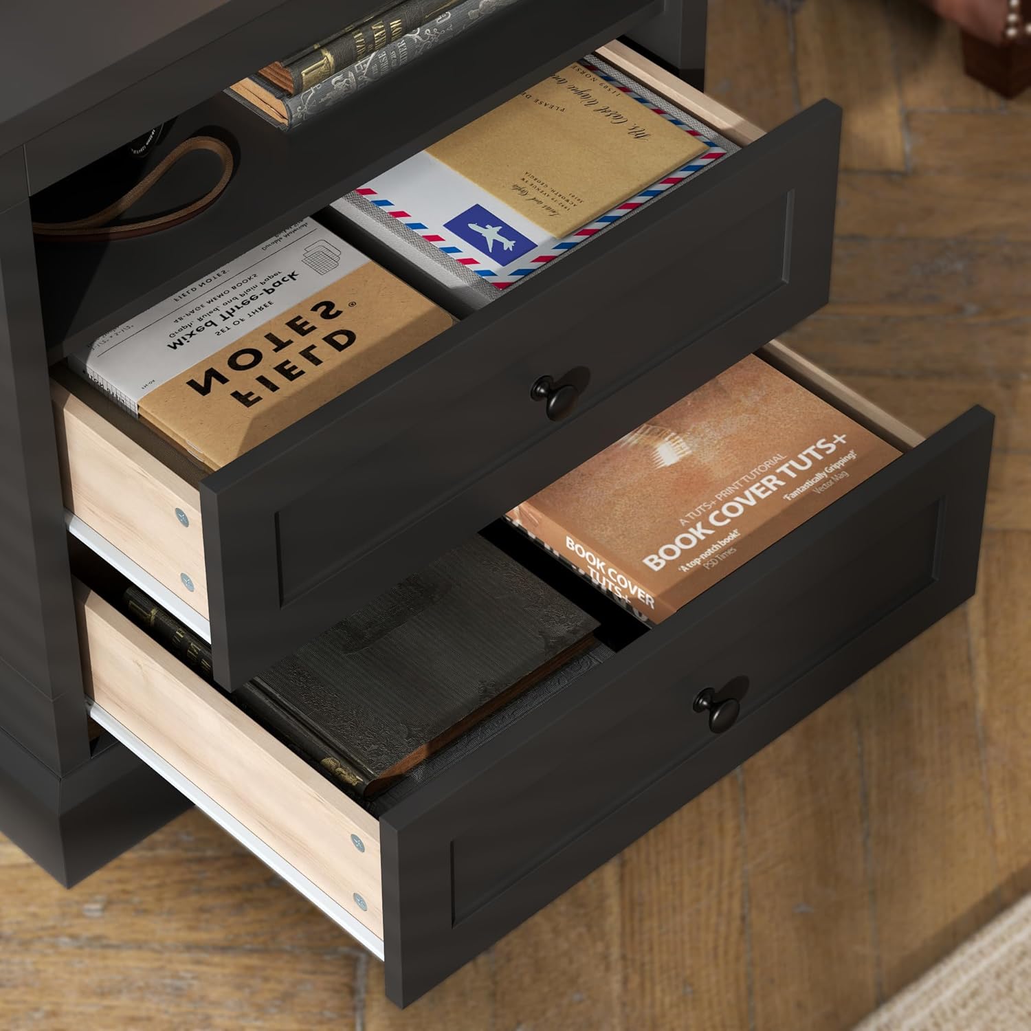 Nightstand with Hidden Storage Space, Night Stand, End Table with Side Drawer, Bedside Table with Open Shelf, 2 Drawers Dresser for Bedroom, Living Room, Closet (Black)