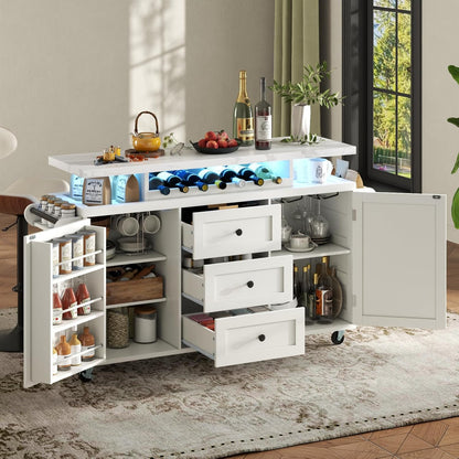 Rolling Kitchen Island Cart with Storage, Kitchen Island on Wheels with LED Lights & 3 Drawers, Side Table with Spice Rack & Towel Rack, Large Mobile Islands Table for Dining Room, White