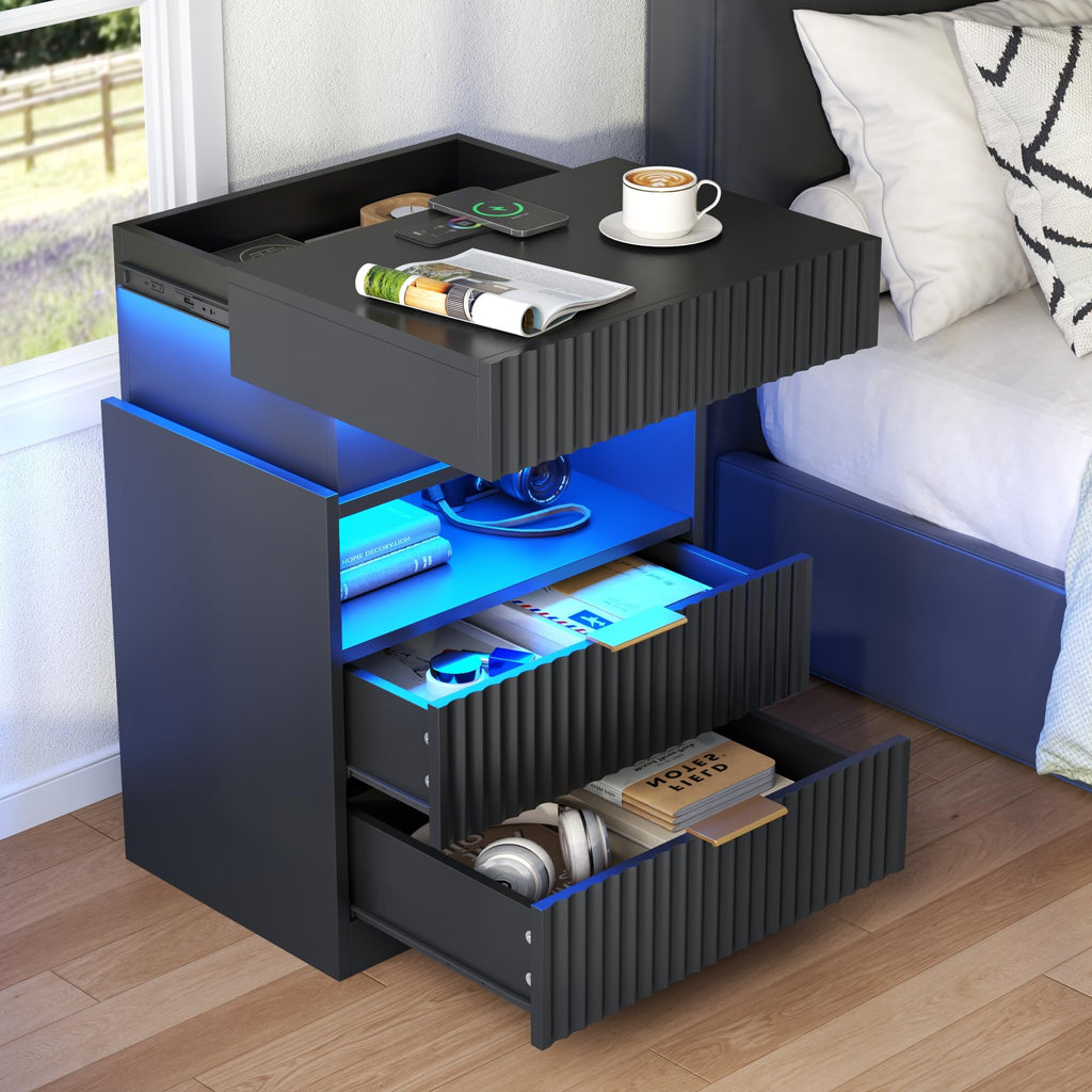 Nightstand Set of 2 with Charging Station and LED Lights, Fluted Night Stand with 2 Drawers &Open Shelf,Modern Bedside Table w/Hidden Compartment for Bedroom,End Side Table for Living Room (2, Black)