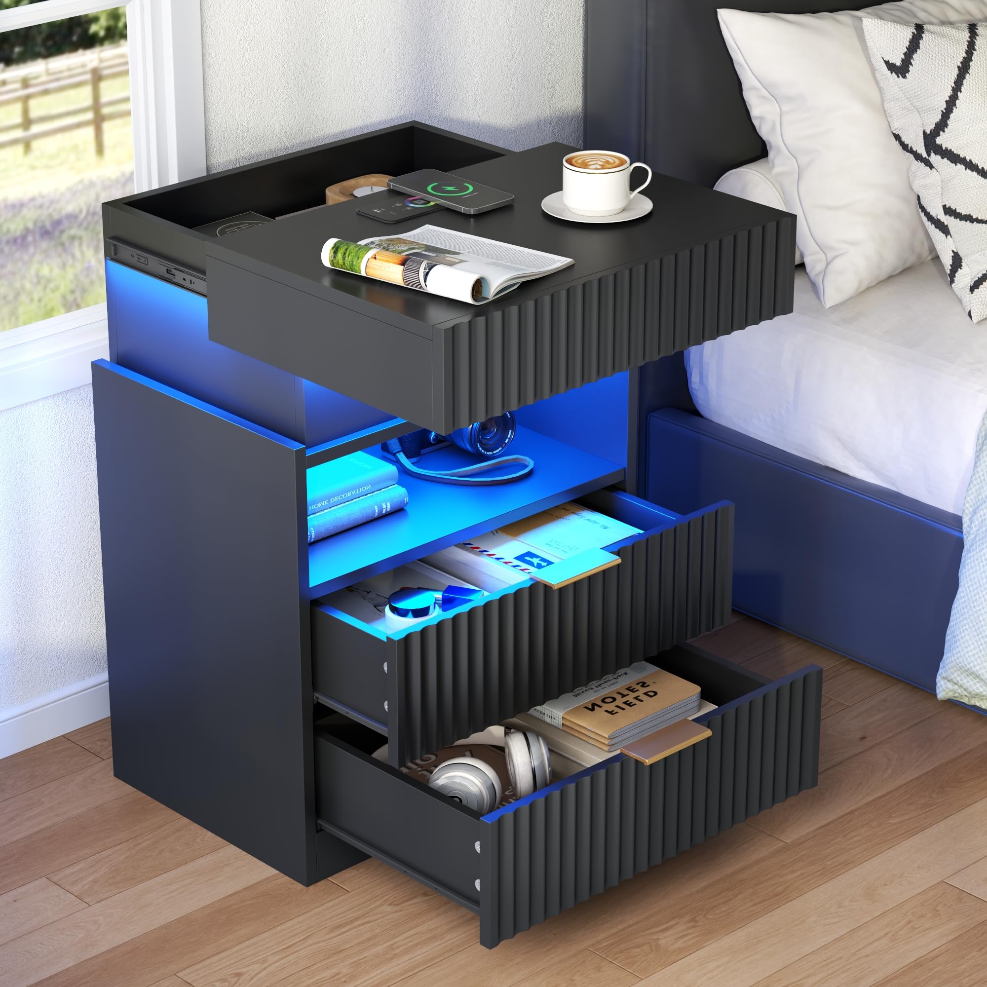 Nightstand Set of 2 with Charging Station and LED Lights, Fluted Night Stand with 2 Drawers &Open Shelf,Modern Bedside Table w/Hidden Compartment for Bedroom,End Side Table for Living Room (2, Black)