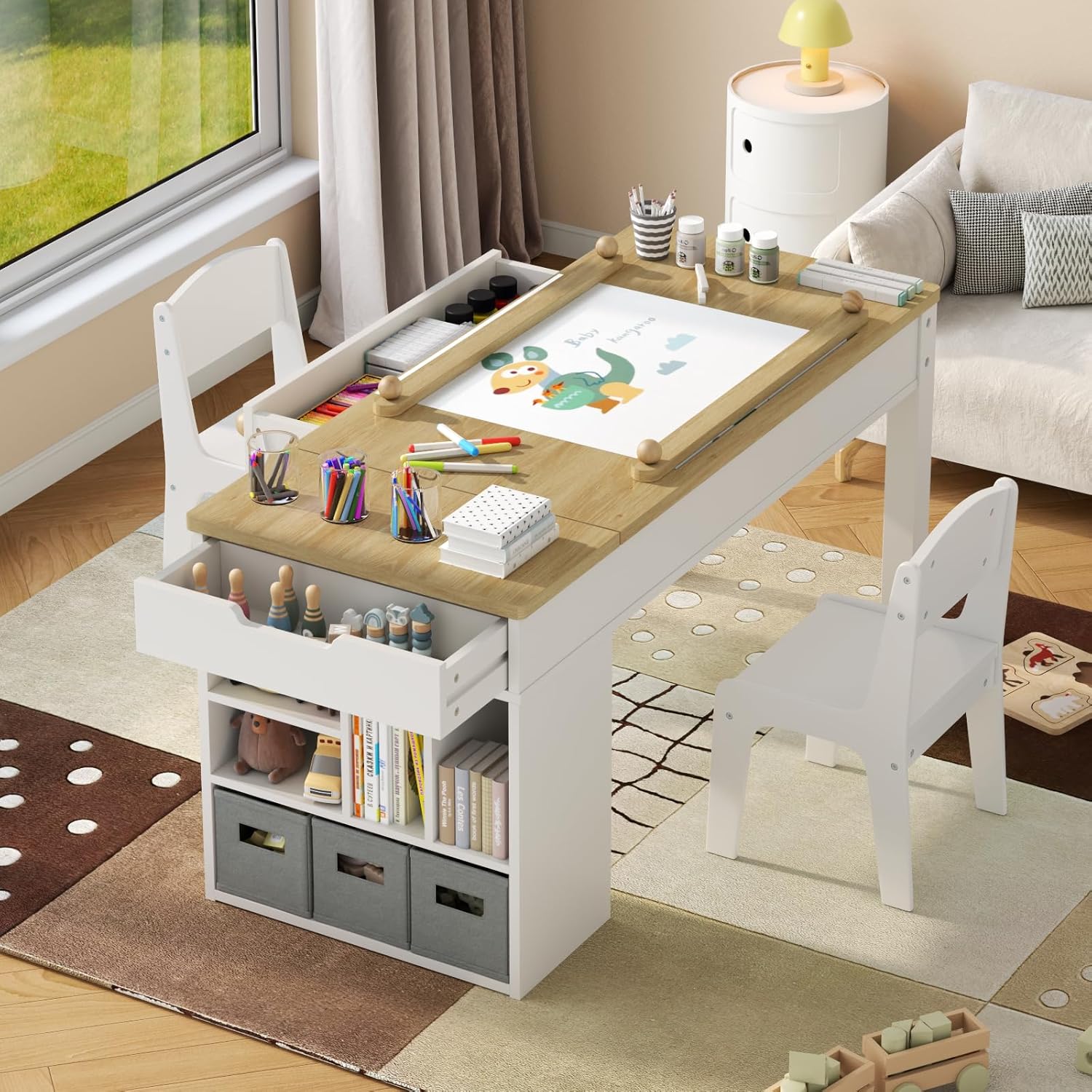 Kids Art Table and 2 Chairs Set,3 in 1 Wooden Craft Desk with 2 Drawers,3 Fabric Drawers,Storage Shelf,Paper Roll,Learning and Reading, Activity Play Desk for Home