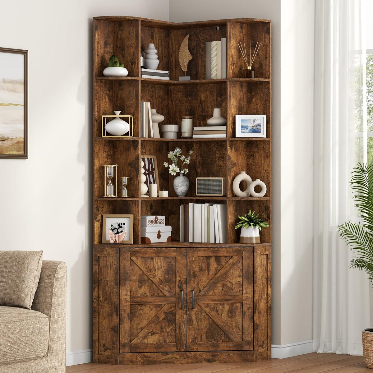 Corner Bookshelf with Doors, 6 Tier Corner Bookcase with Storage Cabinet