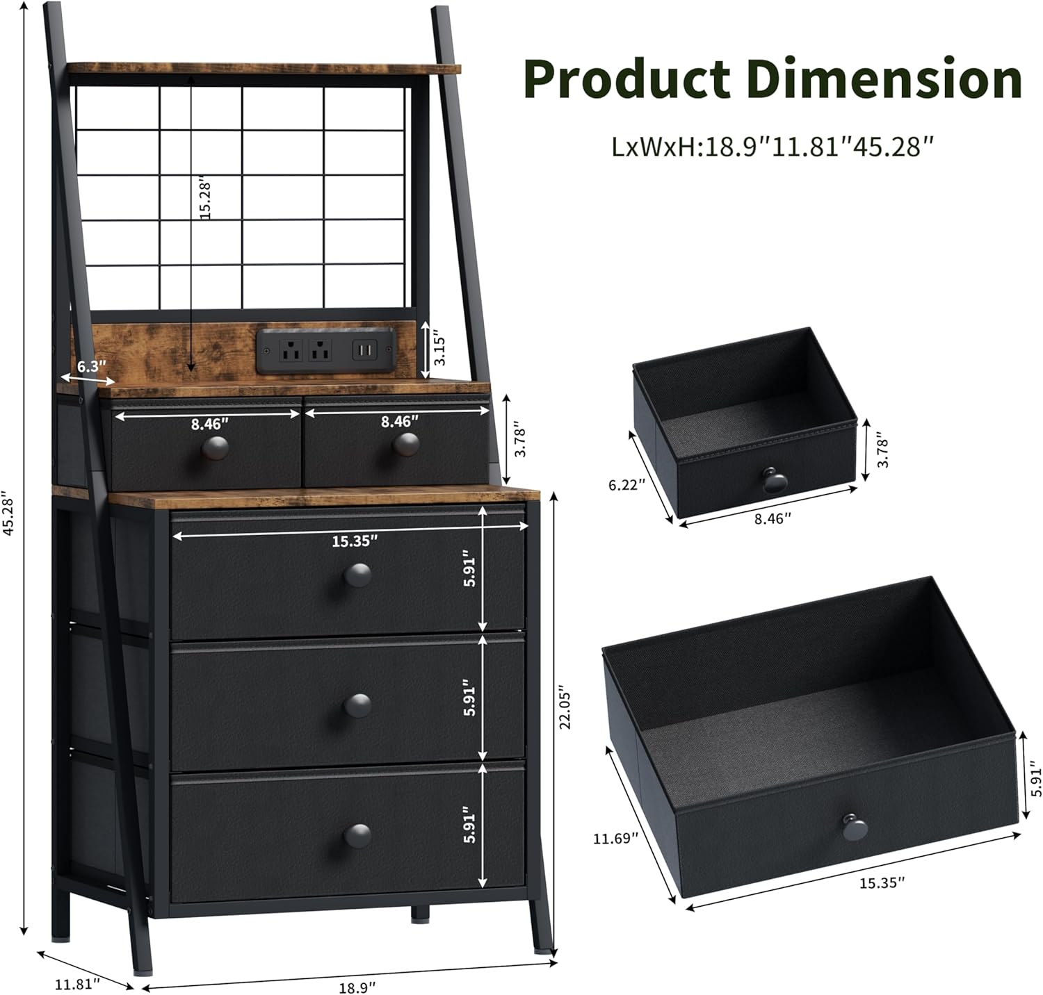 Tall Night Stand with 5 Drawers, White Nightstand with Charging Station LED Night Stand with 3-Tier Storage Shelf for Bedroom Living Room & Dorm (1, Black)