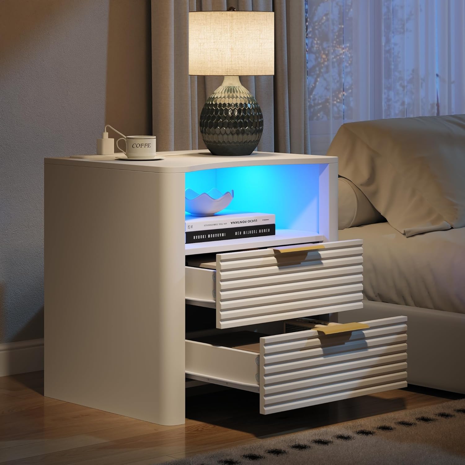 Fluted Night Stand with Charging Station, White Nightstand with LED Lights, Modern Bedside Table with 2 Large Drawers, End Table with Open Storage Shelf, Night Stands for Bedroom, Living Room