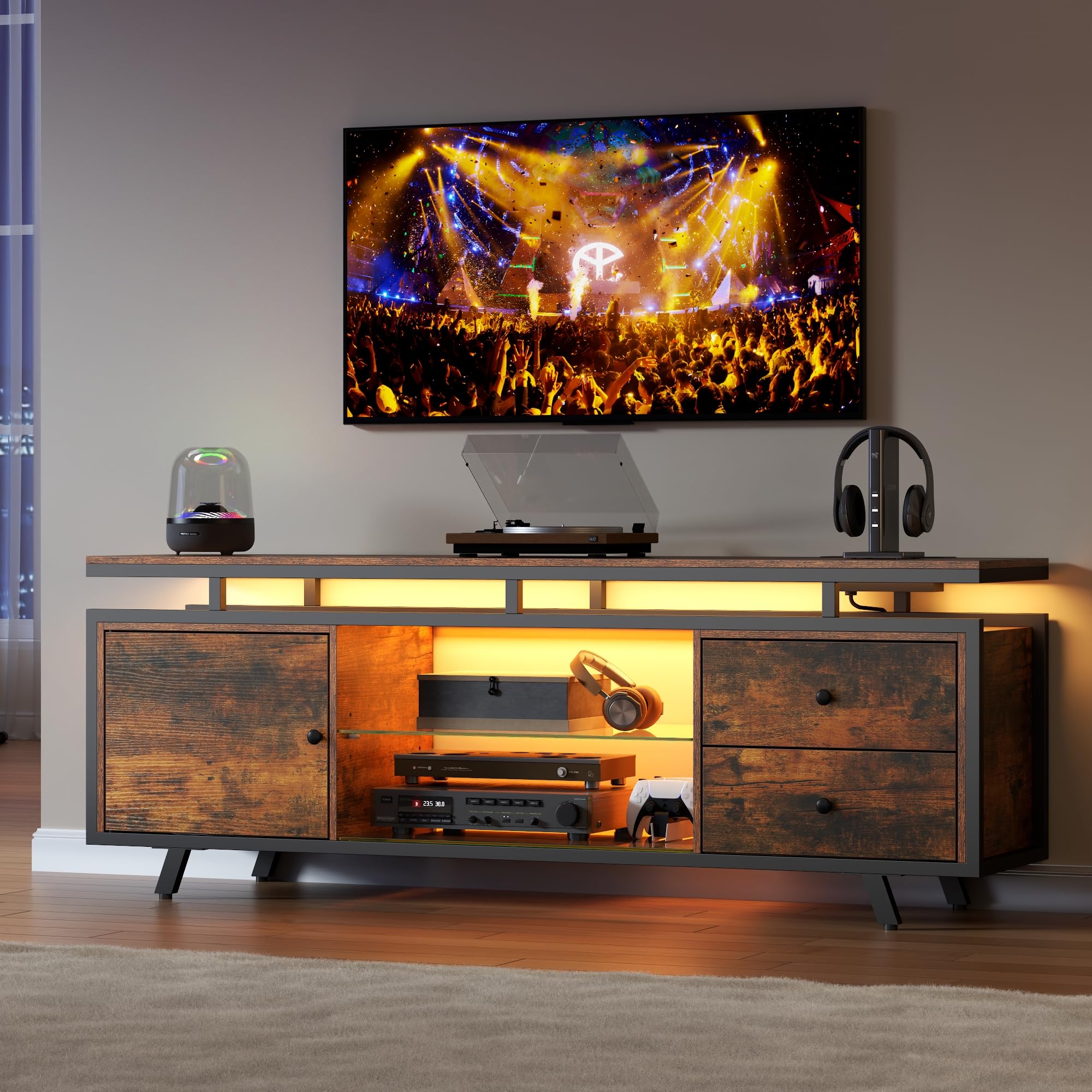TV Stand for 65 Inch TV, LED Light Entertainment Center with Power Outlet and Storage Drawers & Cabinets, Modern Wood Media TV Console with Glass Shelves for Living Room Bedroom (Black)