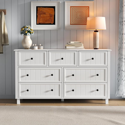 White Dresser for Bedroom, Farmhouse 7 Drawers Dresser with Deep Drawers, Wood Dressers Chest of Drawers with Metal Handles, Wide Modern Dressers Large TV Stand for Living Room, Closet, Hallway
