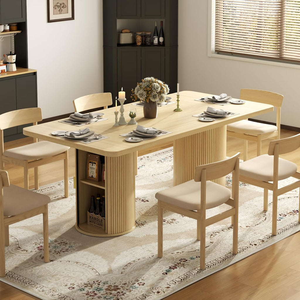 79" Dining Table for 8-10 People, Long Large Kitchen Table with 2-Tier Storage Shelf and Fluted Base, Modern Farmhouse Dinner Tables for Dining Room Kitchen,Living Room,Office (Natural)