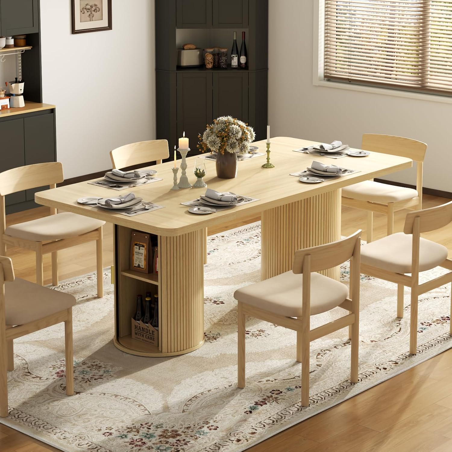 79" Dining Table for 8-10 People, Long Large Kitchen Table with 2-Tier Storage Shelf and Fluted Base, Modern Farmhouse Dinner Tables for Dining Room Kitchen,Living Room,Office (Natural)