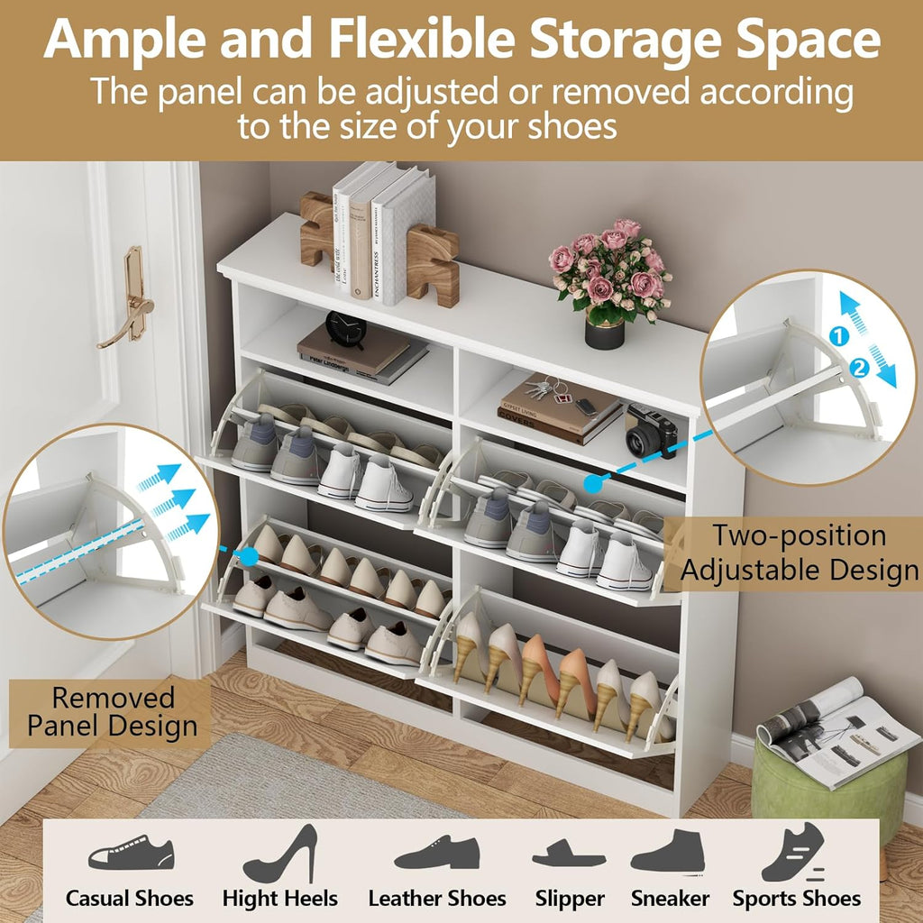 Shoe Cabinet with 4 Flip Drawers, Shoe Storage Cabinet for Entryway, Freestanding Hidden Shoe Cabinet Organizer with Open Storage, Slim Narrow Shoe Rack Cabinet (White)