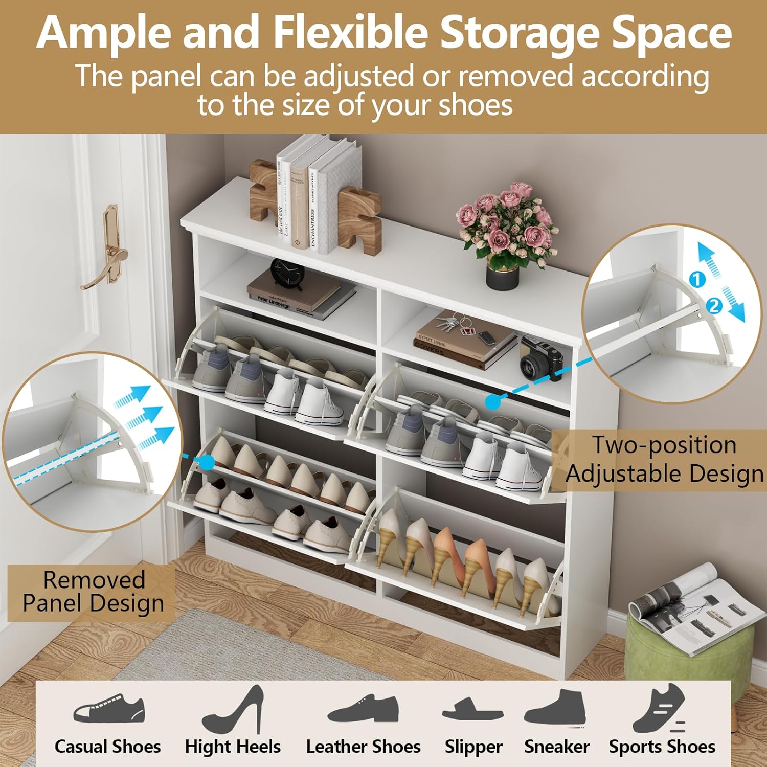 Shoe Cabinet with 4 Flip Drawers, Shoe Storage Cabinet for Entryway, Freestanding Hidden Shoe Cabinet Organizer with Open Storage, Slim Narrow Shoe Rack Cabinet (White)