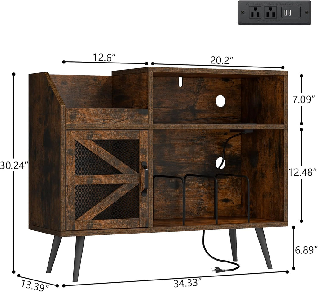 Record Player Stand Holds Up to 350 Albums, Turntable Stand with LED Light, Records Storage Cabinet with Power Outlet, Record Player Table with Vinyl Storage(Brown)