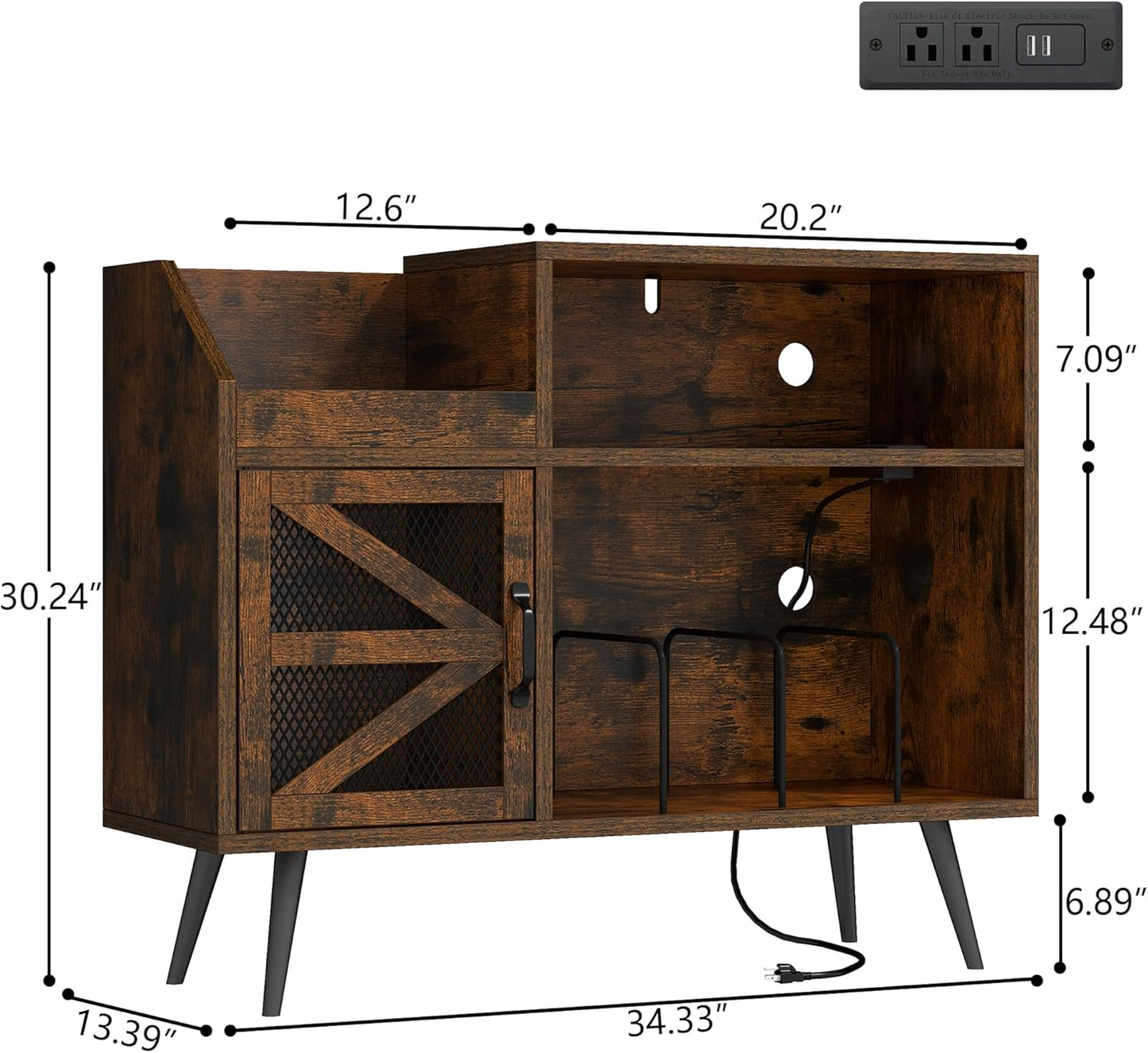 Record Player Stand Holds Up to 350 Albums, Turntable Stand with LED Light, Records Storage Cabinet with Power Outlet, Record Player Table with Vinyl Storage(Brown)