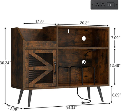 Record Player Stand Holds Up to 350 Albums, Turntable Stand with LED Light, Records Storage Cabinet with Power Outlet, Record Player Table with Vinyl Storage(Brown)