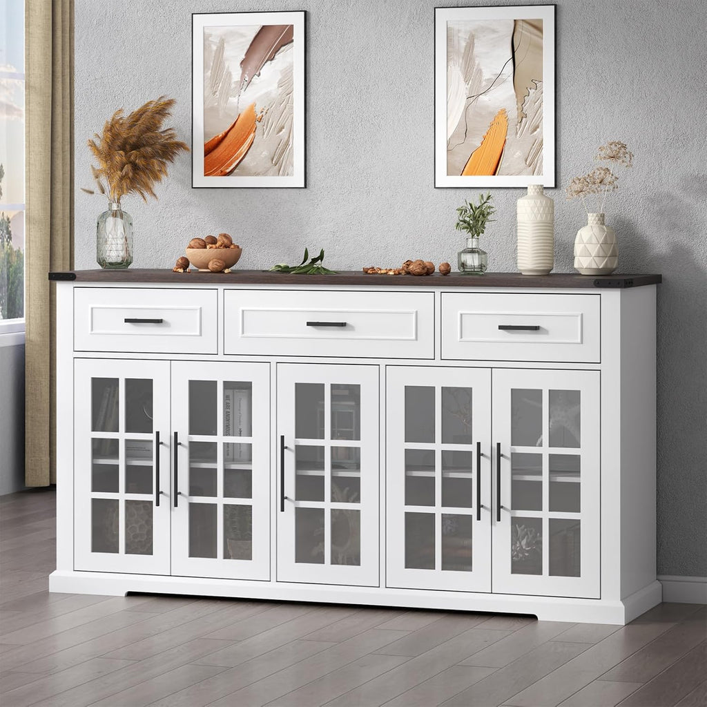 63" Sideboard Buffet Cabinet with Glass Doors, Farmhouse Large Buffet Table with 3 Storage Drawers, Modern Coffee Bar Wine Bar Cabinet with Adjustable Shelves for Kitchen, Dining Room, White