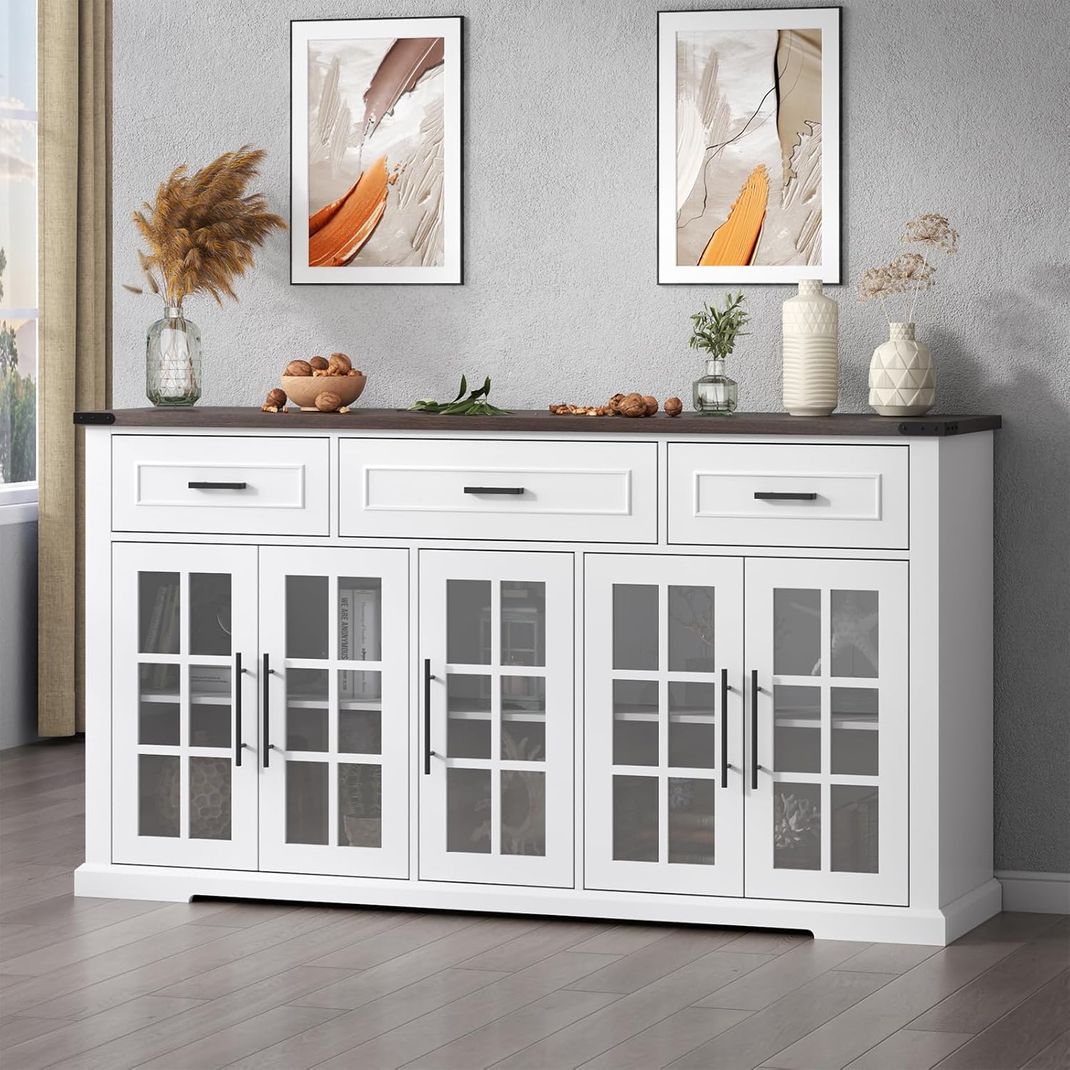 63" Sideboard Buffet Cabinet with Glass Doors, Farmhouse Large Buffet Table with 3 Storage Drawers, Modern Coffee Bar Wine Bar Cabinet with Adjustable Shelves for Kitchen, Dining Room, White