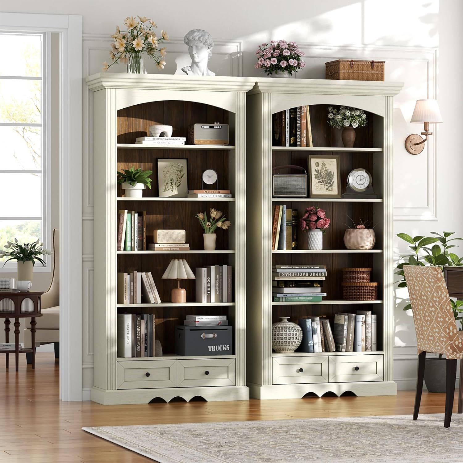 71’’ Tall Arched Bookcase with Stroage, Farmhouse 5-Tier Arch Bookshelf with Drawers, Freestanding Book Shelf with Adjustable Shelf and Roman Column Pattern for Home Office (1, White)