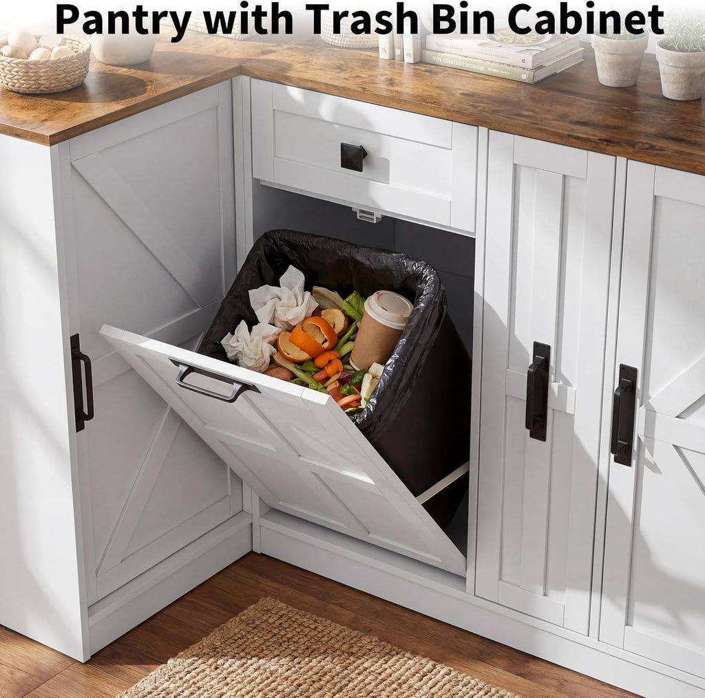 Corner Cabinet with Countertop, Kitchen Pantry Cabinet with Hidden Trash Storage Cabinet & 3-Tier Spice Rack, Farmhouse L-Shaped Sideboard with Doors & Adjustable Shelf for Dining Room, White