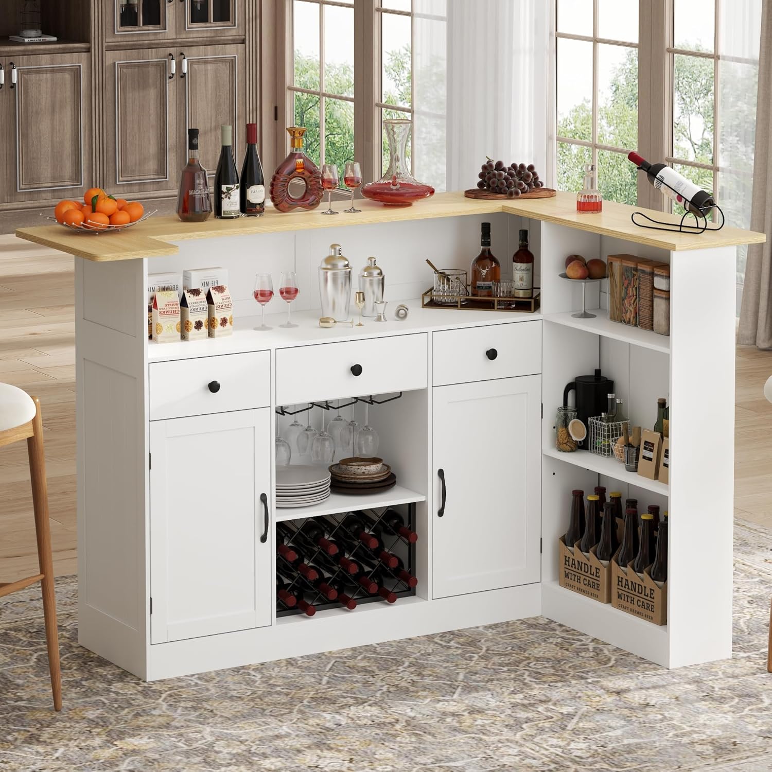 Bar Cabinet, L-Shaped Home Bar Table with Drawers and Doors, Corner Bar Unit with Stemware Racks, Liquor Wine Bar Cabinet with Storage Shelves for Home Pub