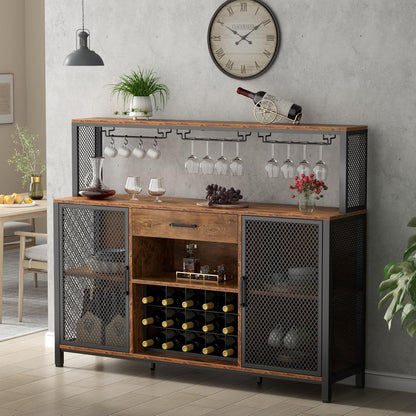 Wine Bar Cabinet with Drawer and LED Lights, 55 Inches Industry Coffee Bar Cabinet with Wine Rack and Glass Goblet Holder, Kitchen Sideboard Buffet Cabinet for Liquor and Goblet