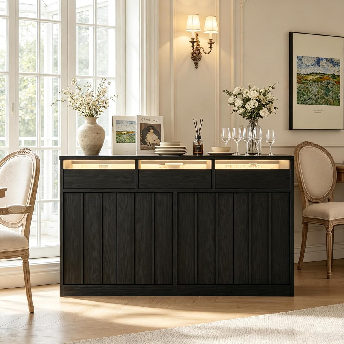 55'' Modern Buffet Cabinet with Outlet & Led, Black Sideboard with Drawer
