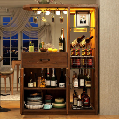 Bar Cabinet with LED Light,Wine Cabinet with Wine Glass Holder,Liquor Cabinet with Glass Display Cabinet,Coffee Bar with Storage and 2 Drawers,Bar Island for Home Dining Room (Vintage Brown)