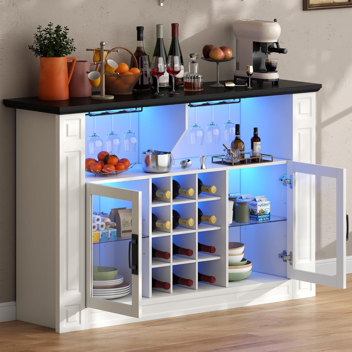 Wine Bar Cabinet with LED Light, Kitchen Coffee Bar Cabinet with Glass Rack and Removable Wine Racks, Liquor Cabinet with Glass Door, Home Bar with Storage for Dining Room, Living Room