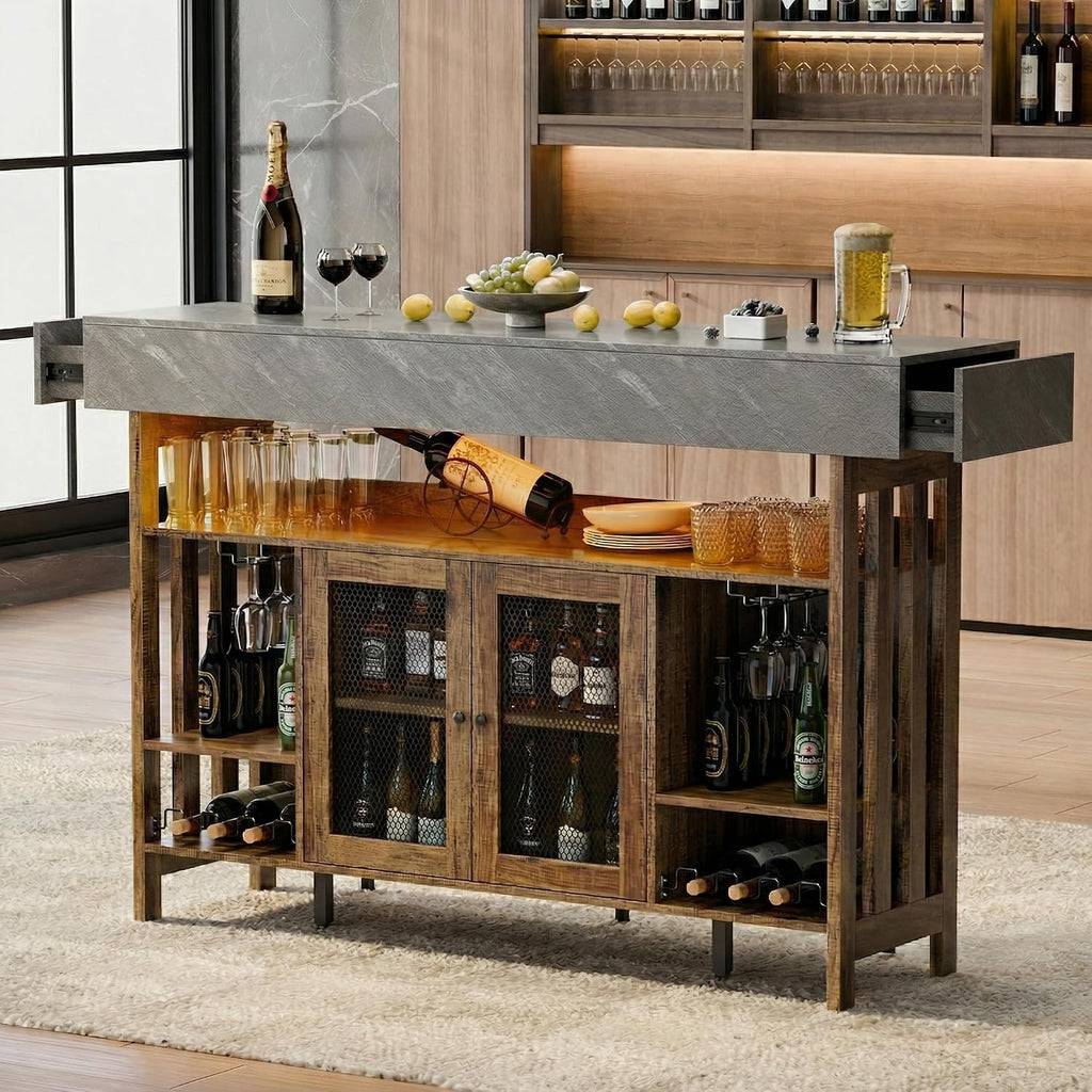 4-Tier Home Bar Unit, 63-Inch Wooden & Dark Gray Marble Bar Cabinet, LED Liquor Bars Station with Footrest, Wine Rack, Cabinet Door and 2 Drawers, Modern Bars Table with Storage for Home, Pub (Brown)