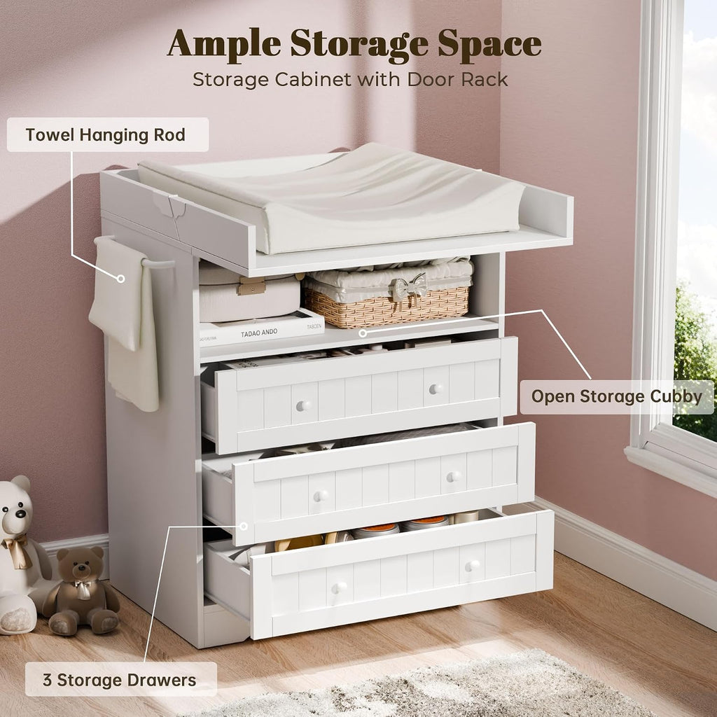 Baby Changing Table with Foldable Tabletop,White Baby Dresser with 3 Drawer
