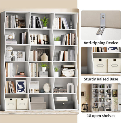 71" Triple Wide Bookshelf, 6 Tier Tall Bookcase with Storage, Large Book Shelves with 18 Open Display Shelves, White Bookcase for Living Room, Study, Home Office, Library (White)