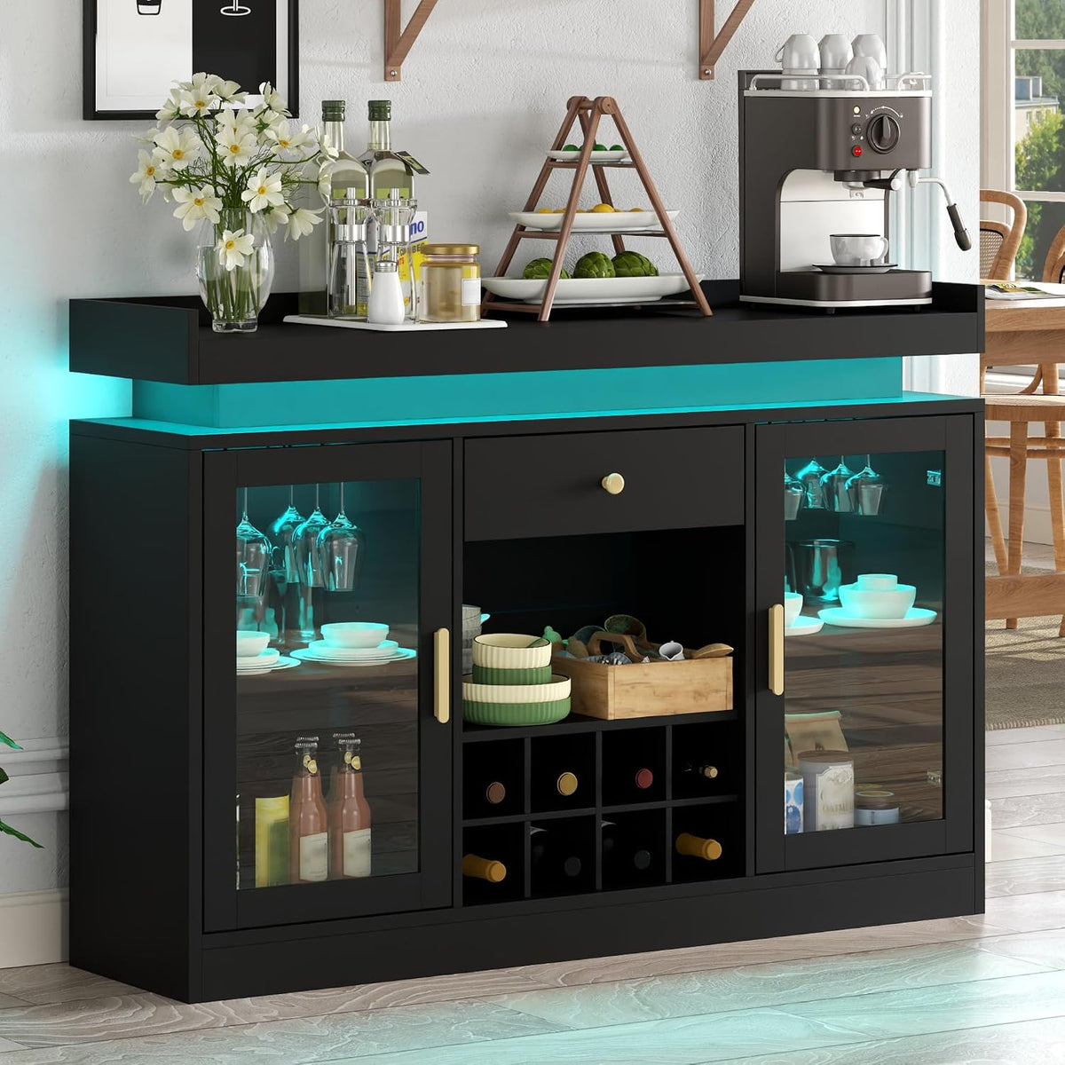 Wine Bar Cabinet with Led, Black Liquor Cabinet with Wine & Glass Rack